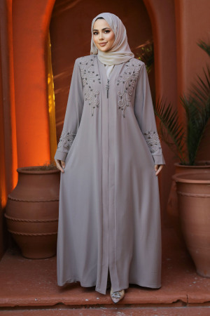 Boncuk İşlemeli Bej Tesettür Abaya 29107BEJ - 1