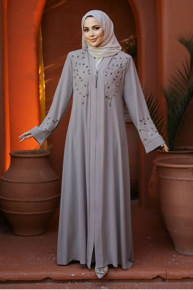 Boncuk İşlemeli Bej Tesettür Abaya 29107BEJ - 2