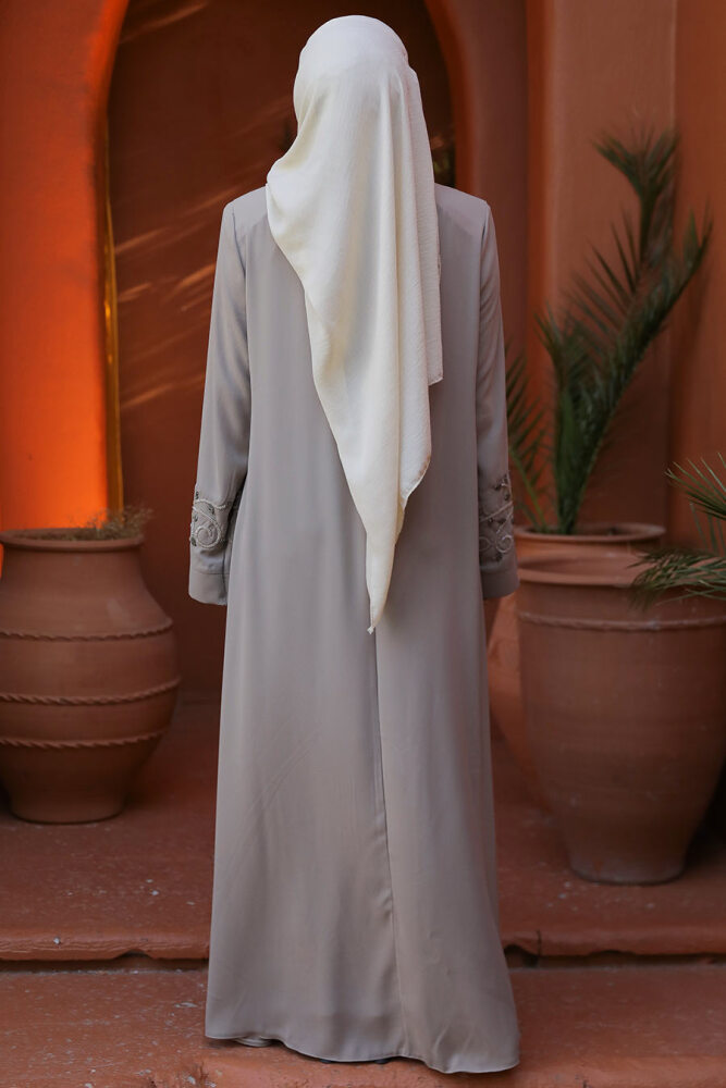 Boncuk İşlemeli Bej Tesettür Abaya 29107BEJ - 3