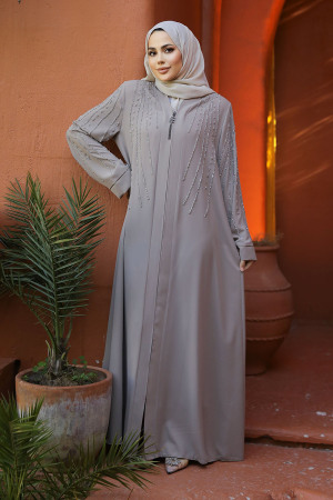 Boncuk İşlemeli Bej Tesettür Abaya 29111BEJ - 2