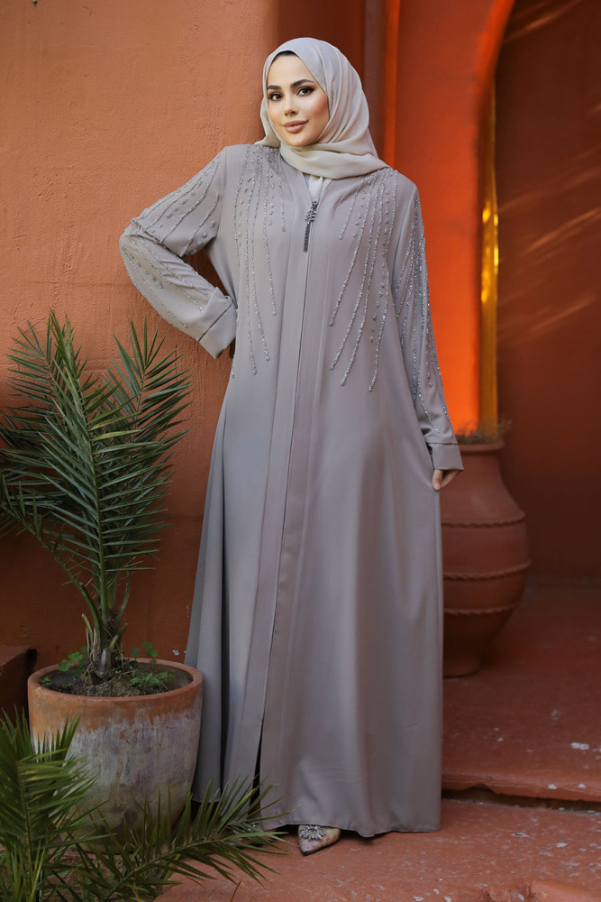 Boncuk İşlemeli Bej Tesettür Abaya 29111BEJ - 2