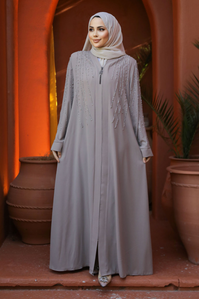 Boncuk İşlemeli Bej Tesettür Abaya 29111BEJ - 1