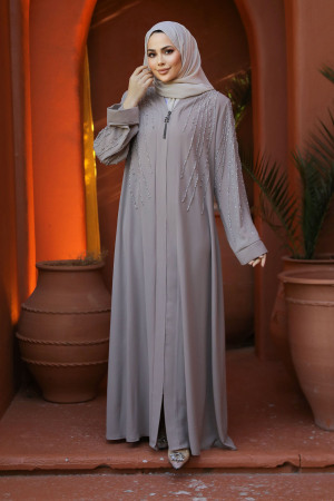 Boncuk İşlemeli Bej Tesettür Abaya 29111BEJ - 3
