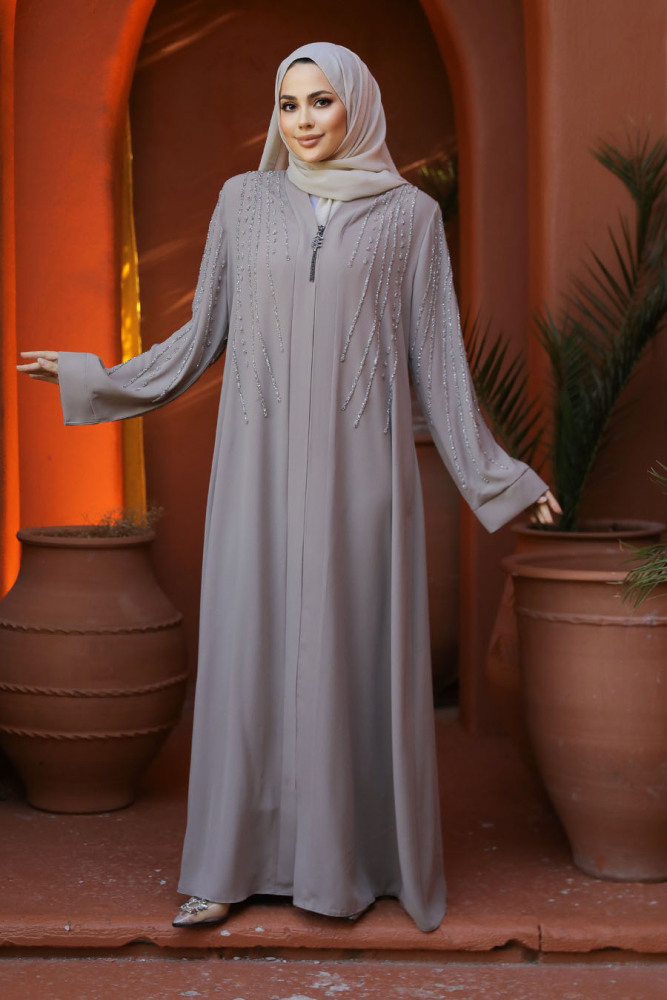 Boncuk İşlemeli Bej Tesettür Abaya 29111BEJ - 4