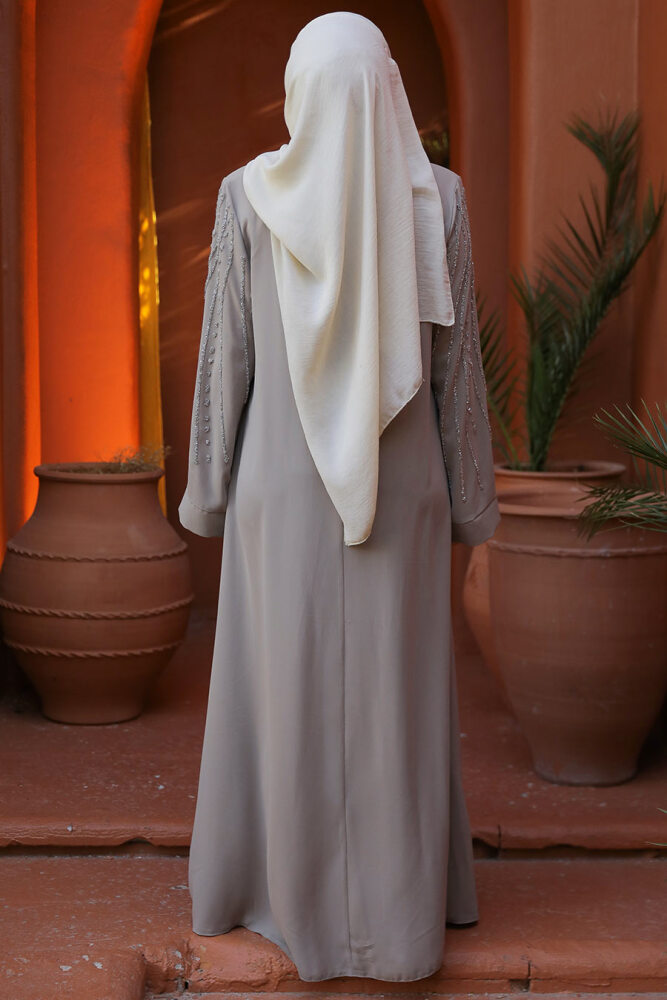 Boncuk İşlemeli Bej Tesettür Abaya 29111BEJ - 5