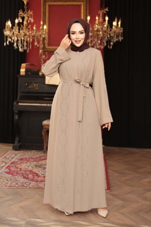 Boncuk İşlemeli Bej Tesettür Abaya 29117BEJ - 2