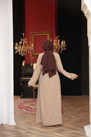 Boncuk İşlemeli Bej Tesettür Abaya 29117BEJ - 3