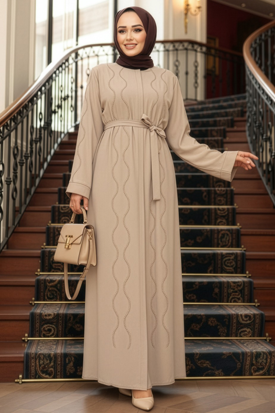 Boncuk İşlemeli Bej Tesettür Abaya 29117BEJ