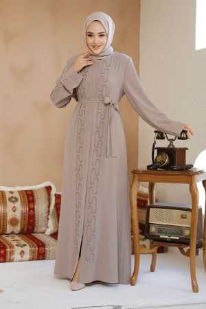 Boncuk İşlemeli Bej Tesettür Abaya 29118BEJ - 3
