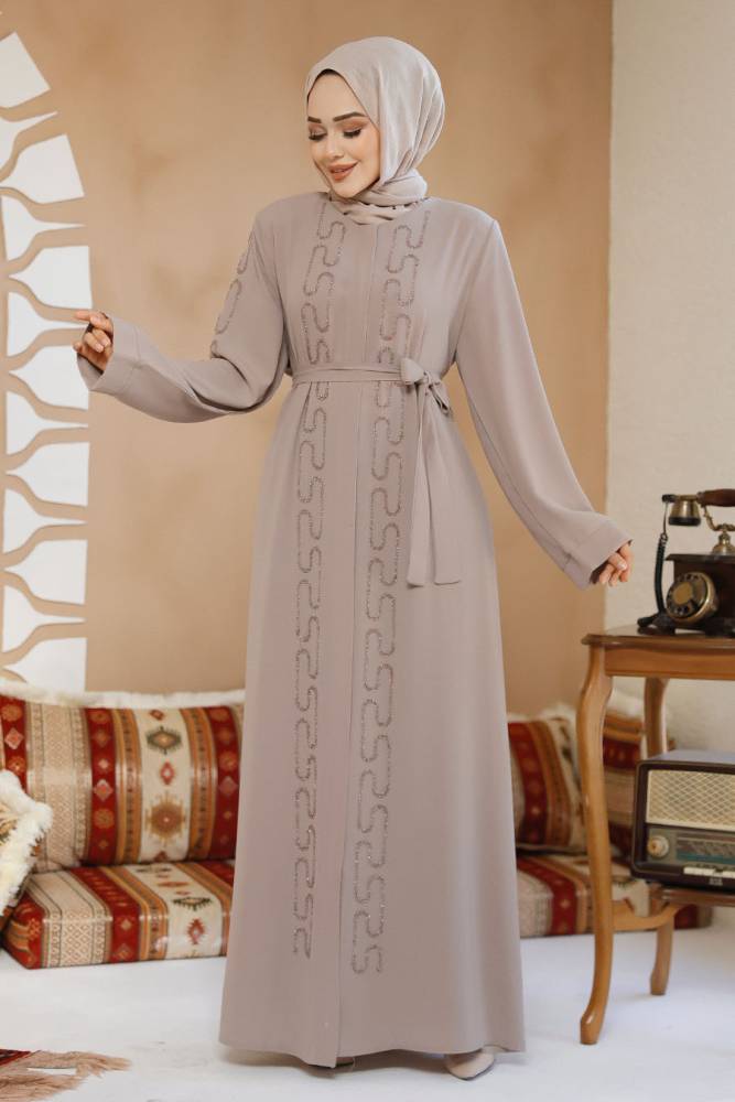 Boncuk İşlemeli Bej Tesettür Abaya 29118BEJ - 4
