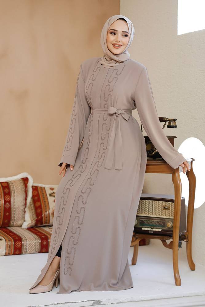 Boncuk İşlemeli Bej Tesettür Abaya 29118BEJ - 2