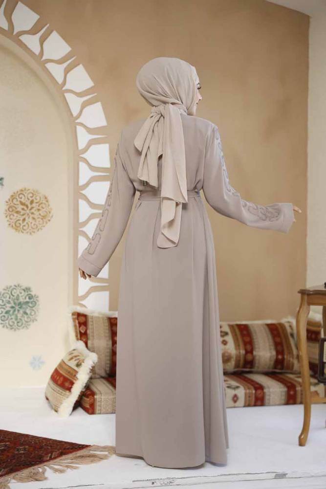 Boncuk İşlemeli Bej Tesettür Abaya 29118BEJ - 5