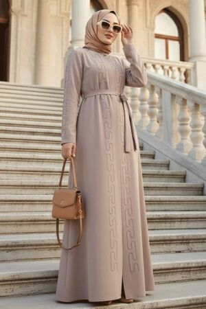 Boncuk İşlemeli Bej Tesettür Abaya 29118BEJ - 1