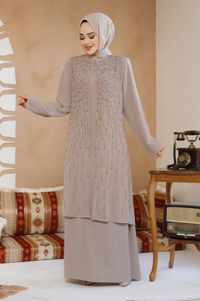 Boncuk İşlemeli Bej Tesettür Abaya 29119BEJ - 1