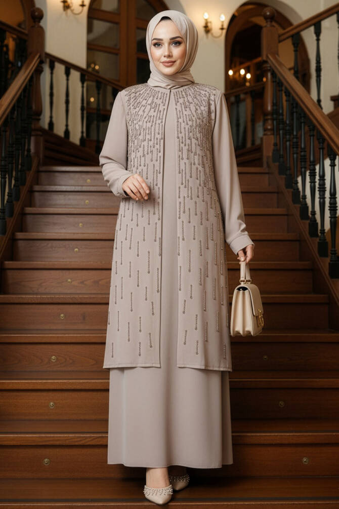 Boncuk İşlemeli Bej Tesettür Abaya 29119BEJ - 1