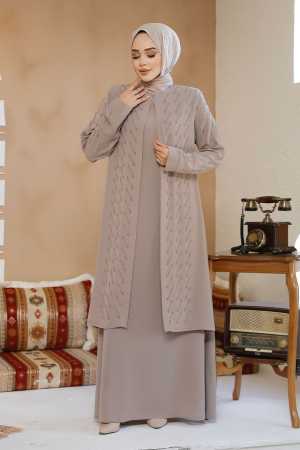 Boncuk İşlemeli Bej Tesettür Abaya 29120BEJ - 1