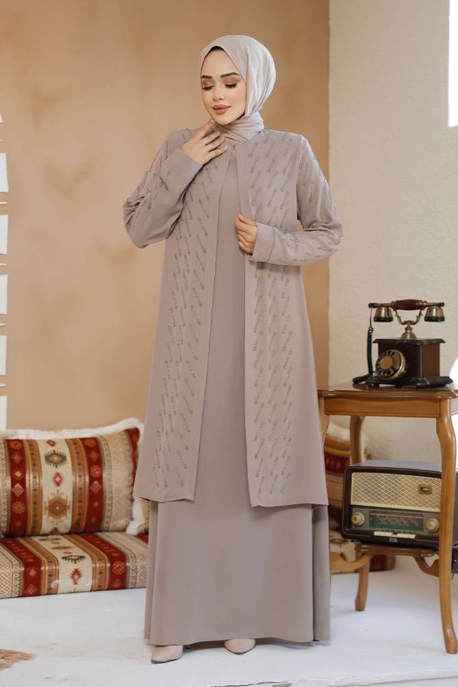 Boncuk İşlemeli Bej Tesettür Abaya 29120BEJ - 1