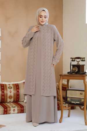 Boncuk İşlemeli Bej Tesettür Abaya 29120BEJ - 2