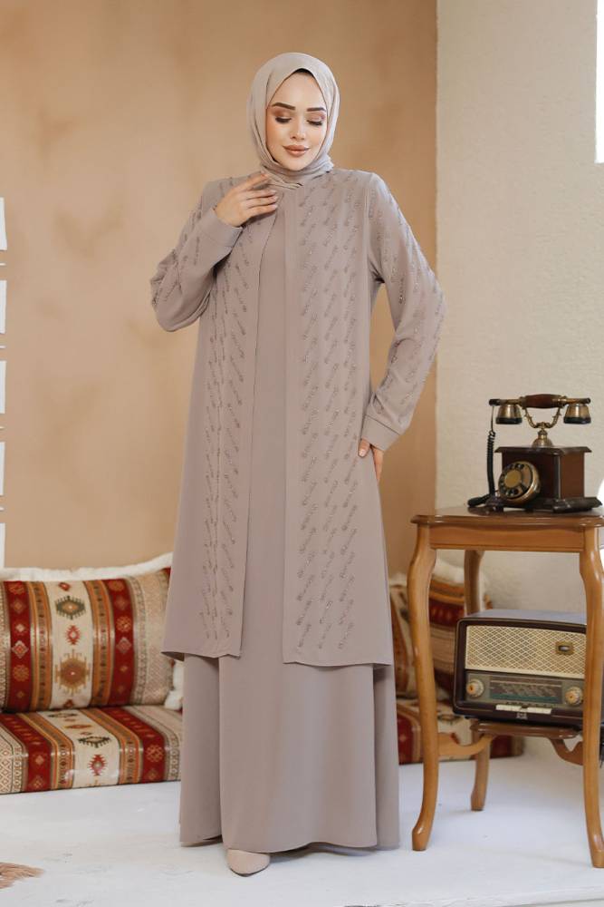 Boncuk İşlemeli Bej Tesettür Abaya 29120BEJ - 2