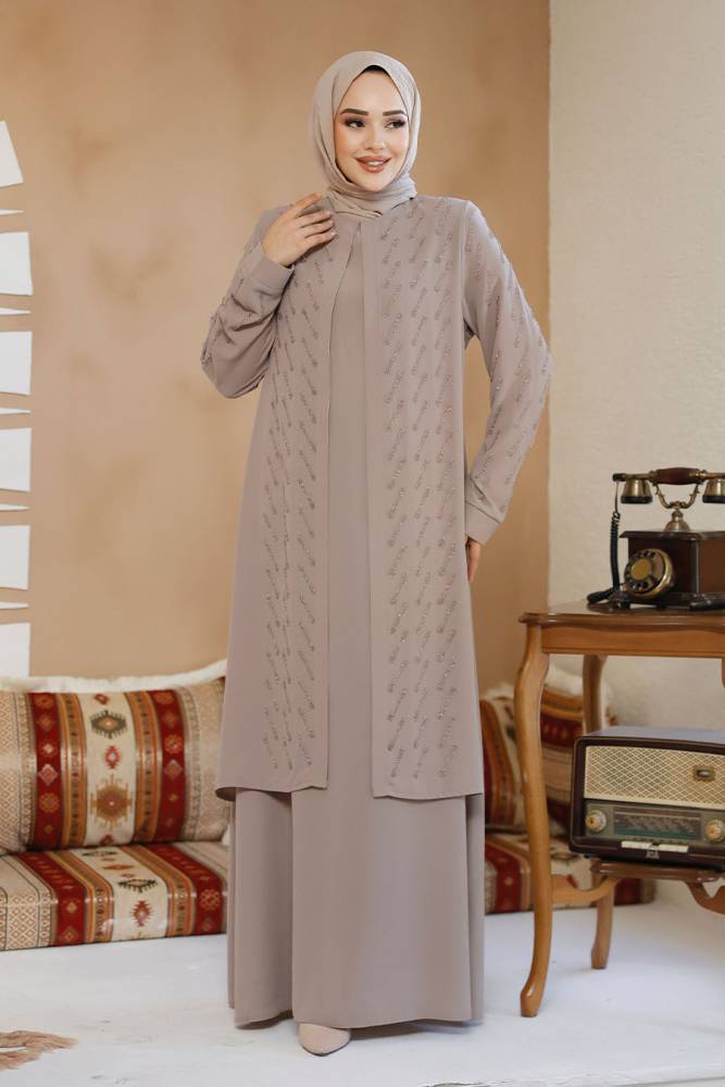 Boncuk İşlemeli Bej Tesettür Abaya 29120BEJ - 3