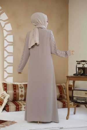 Boncuk İşlemeli Bej Tesettür Abaya 29120BEJ - 4