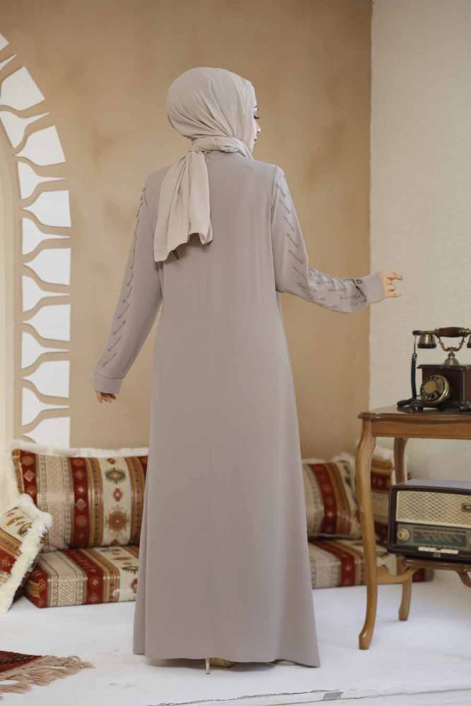 Boncuk İşlemeli Bej Tesettür Abaya 29120BEJ - 4