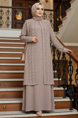 Boncuk İşlemeli Bej Tesettür Abaya 29120BEJ 