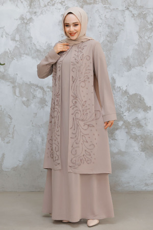 Boncuk İşlemeli Bej Tesettür Abaya 29121BEJ - 2