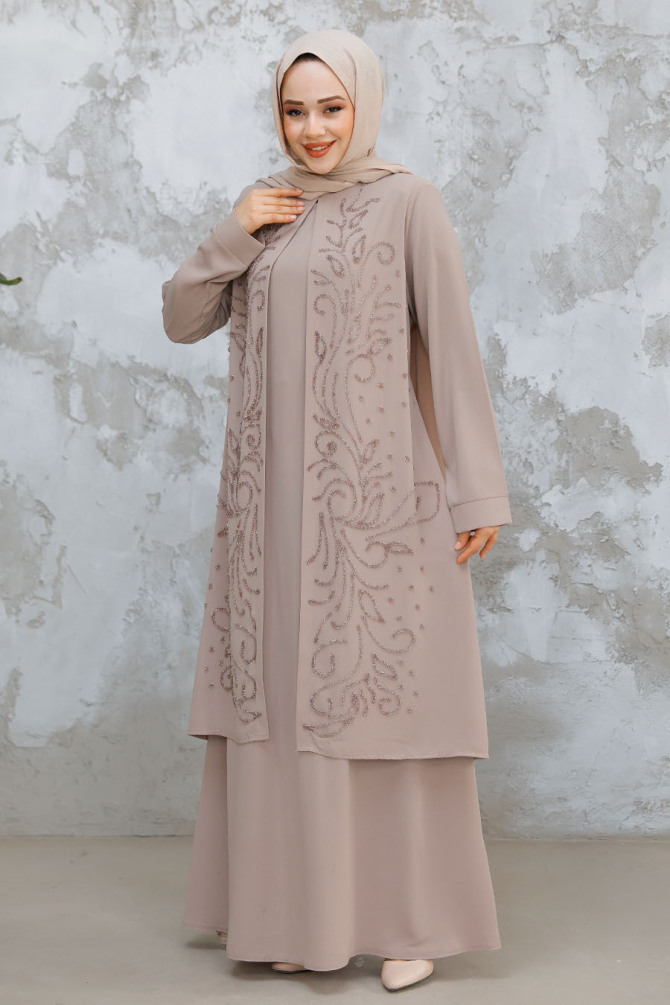 Boncuk İşlemeli Bej Tesettür Abaya 29121BEJ - 2