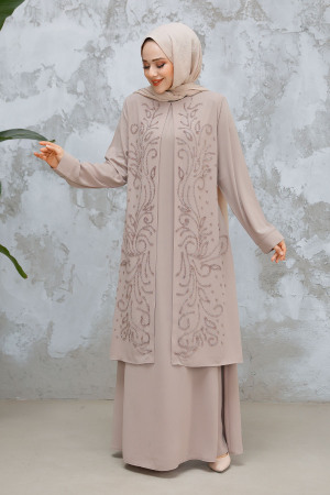 Boncuk İşlemeli Bej Tesettür Abaya 29121BEJ - 1