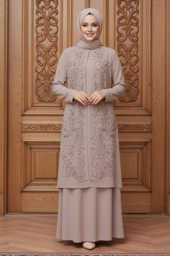 Boncuk İşlemeli Bej Tesettür Abaya 29121BEJ - 1