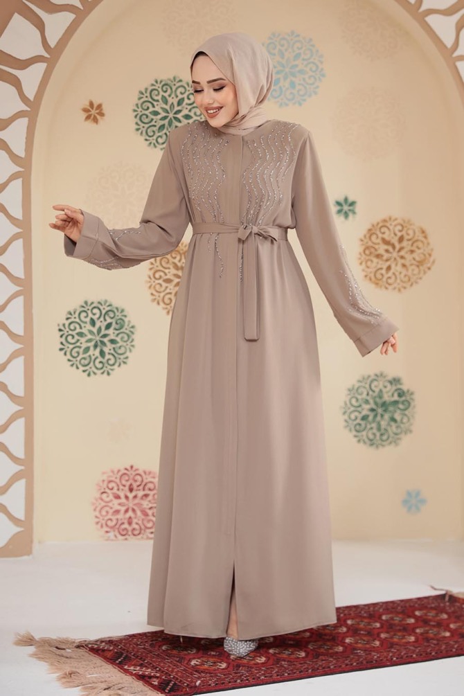 Boncuk İşlemeli Bej Tesettür Abaya 29130BEJ - 3