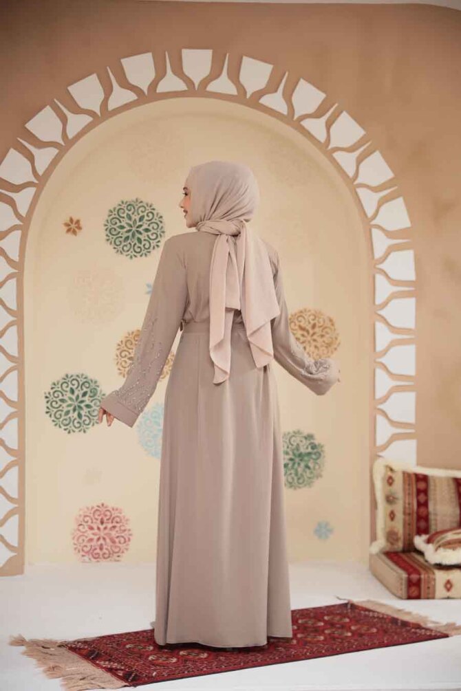 Boncuk İşlemeli Bej Tesettür Abaya 29130BEJ - 4