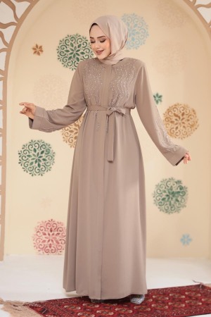 Boncuk İşlemeli Bej Tesettür Abaya 29130BEJ - 1