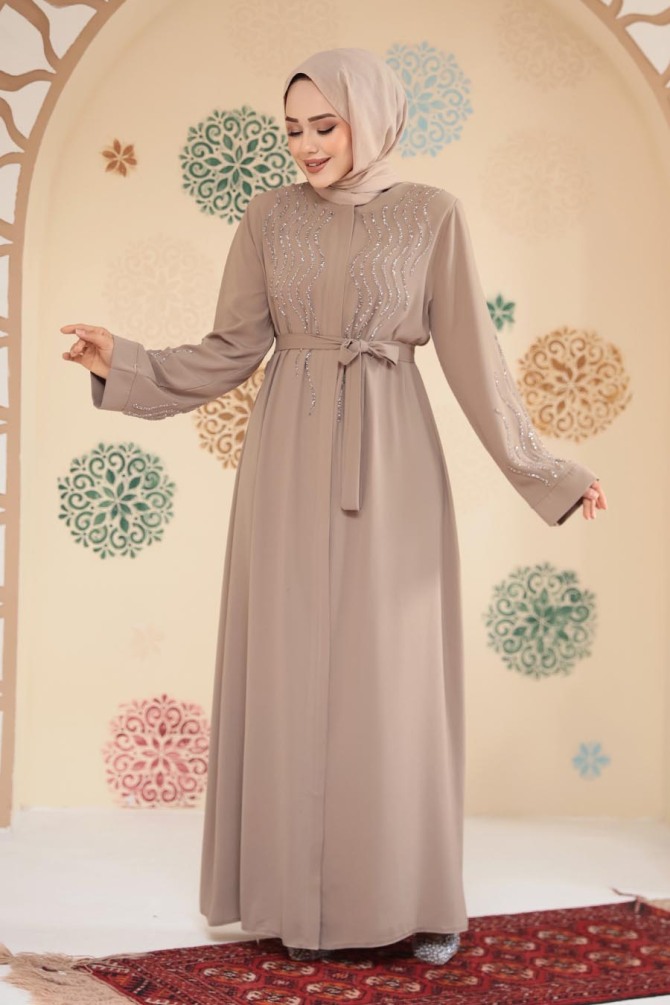 Boncuk İşlemeli Bej Tesettür Abaya 29130BEJ - 1