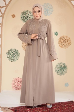 Boncuk İşlemeli Bej Tesettür Abaya 29130BEJ - 2