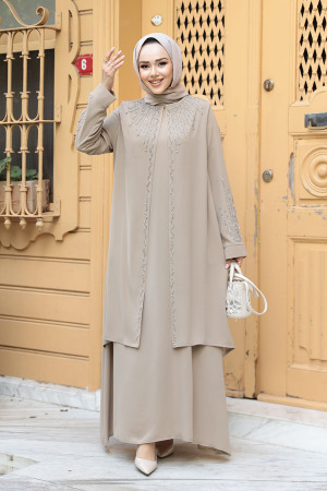 Boncuk İşlemeli Bej Tesettür Abaya 29131BEJ - 1