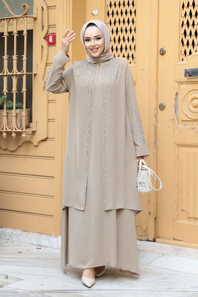 Boncuk İşlemeli Bej Tesettür Abaya 29131BEJ - 1