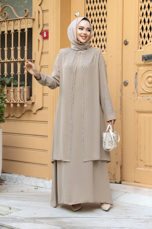 Boncuk İşlemeli Bej Tesettür Abaya 29131BEJ - 2