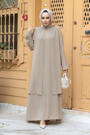 Boncuk İşlemeli Bej Tesettür Abaya 29131BEJ - 3
