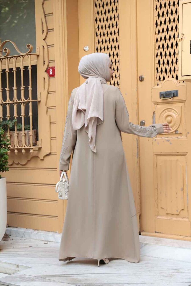 Boncuk İşlemeli Bej Tesettür Abaya 29131BEJ - 4