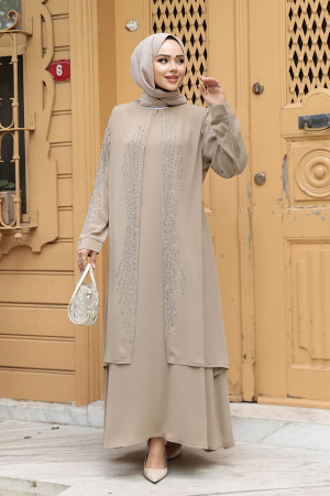  Boncuk İşlemeli Bej Tesettür Abaya 29132BEJ - 4