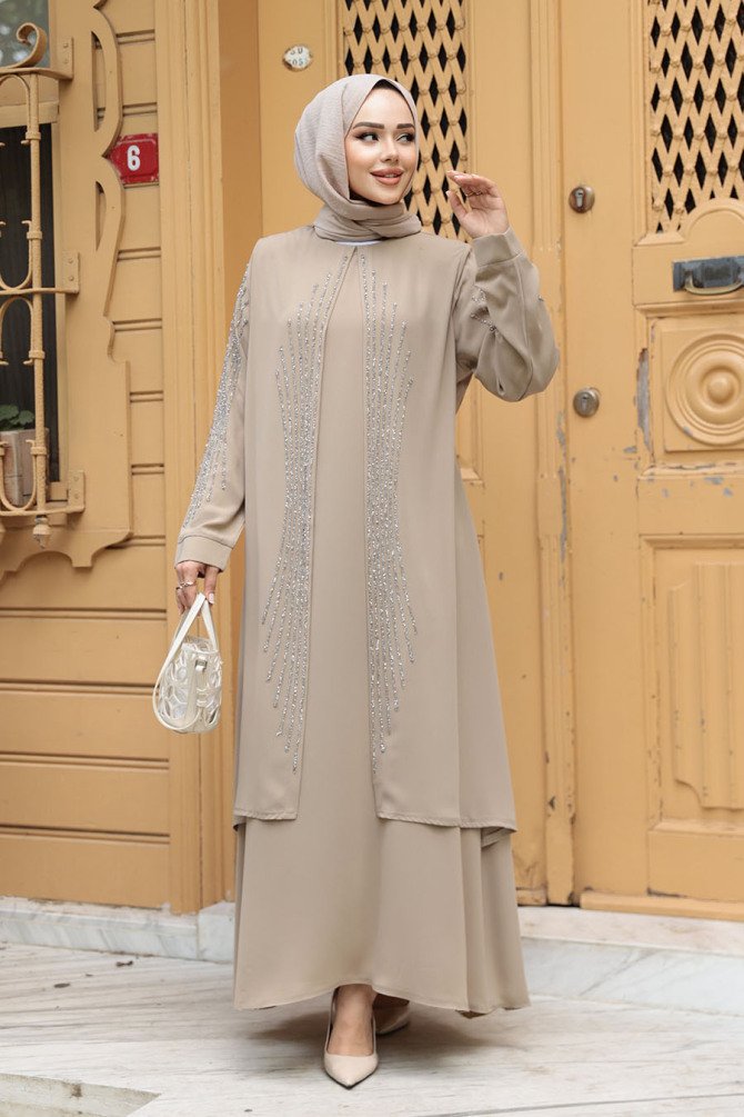  Boncuk İşlemeli Bej Tesettür Abaya 29132BEJ - 4