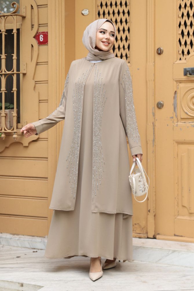  Boncuk İşlemeli Bej Tesettür Abaya 29132BEJ - 1