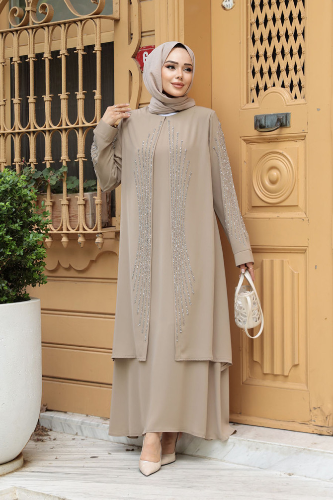  Boncuk İşlemeli Bej Tesettür Abaya 29132BEJ - 2