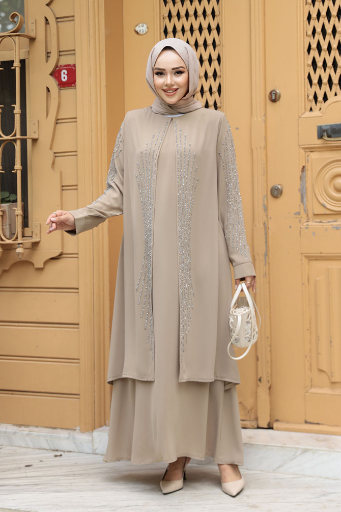  Boncuk İşlemeli Bej Tesettür Abaya 29132BEJ - 3