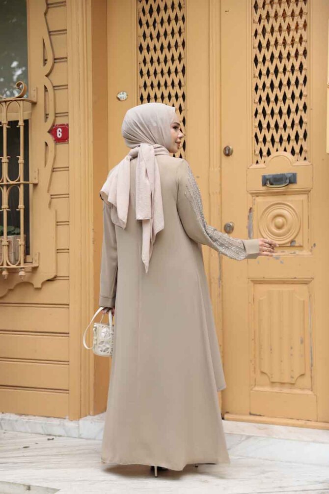  Boncuk İşlemeli Bej Tesettür Abaya 29132BEJ - 5
