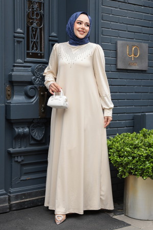 Boncuk İşlemeli Bej Tesettür Elbise 23815BEJ - 2