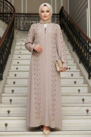 Boncuk İşlemeli Bej Tesettür Ferace 29123BEJ 