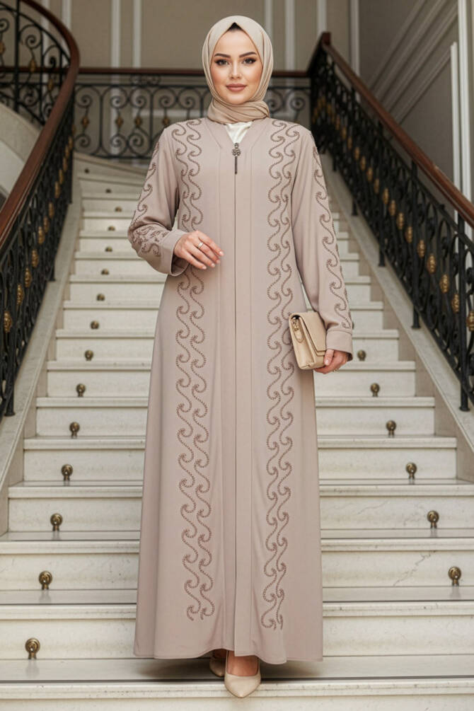 Boncuk İşlemeli Bej Tesettür Ferace 29123BEJ - 1